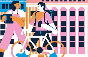 Hochschulinformationstag Infoflyer mit einem Clip Art aus Menschen und einem Gebäude sowie dem Namen der Veranstaltung