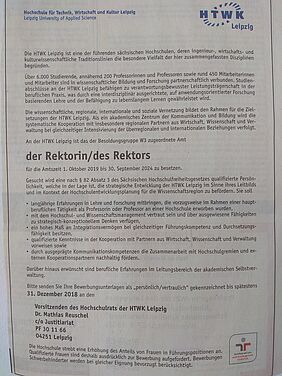 Ausschreibung der Stelle des Rektors/der Rektorin an der HTWK Leipzig, Dezember 2018, veröffentlicht u. a. in ZEIT und Leipziger Volkszeitung