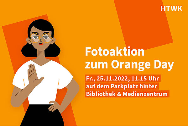 Grafik mit Frau vor orangem Hintergrund und Schriftzug "Fotoaktion"