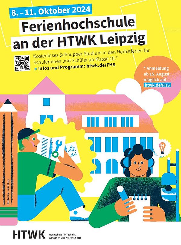 buntes Plakat Illustration Ferienhochschule 2024  (Grafik: Julia Kluge für HTWK Leipzig)