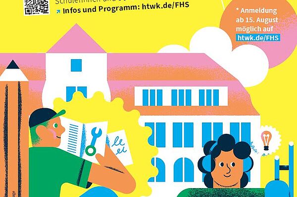 buntes Plakat Illustration Ferienhochschule 2024  (Grafik: Julia Kluge für HTWK Leipzig)