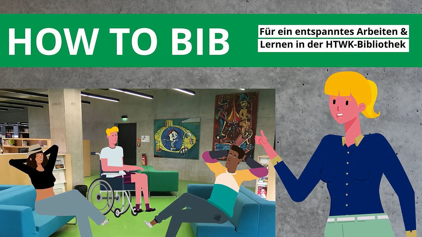 Illustrationen von Menschen im Foyer der Hochschulbibliothek