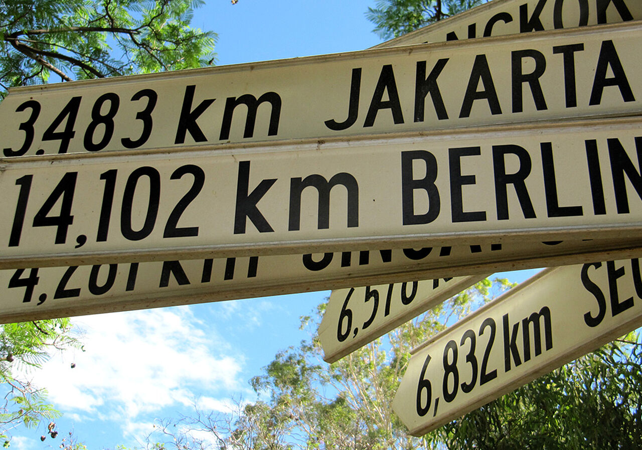 Wegweiser mit Hauptstädten der Welt. Im Vordergrund der nach Berlin dahinter der nach Jakarta.