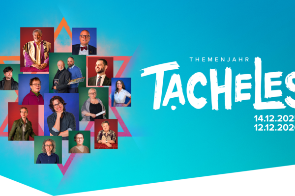 Keyvisual Tacheles Plakat mit vielen Personen und schriftzug "Tacheles" auf blauem Grund
