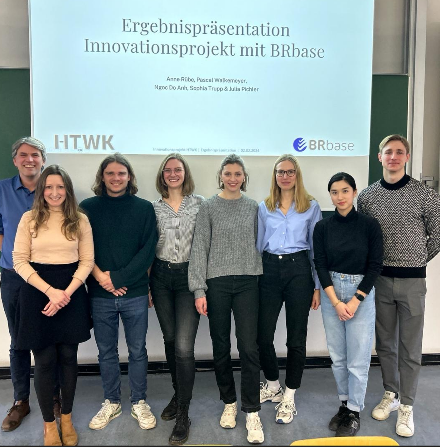 Sehr große Zufriedenheit am Ende eines spannenden Innovationsprojekts: Prof. Dr. Lutz Maicher, Charlotte und Johannes Bellmann von BRbase, sowie das studentische Team mit Anne Rübe, Sophia Trupp, Julia Pichler, Ngoc Do Anh und Pascal Walkemeyer (v.l.n.r.)