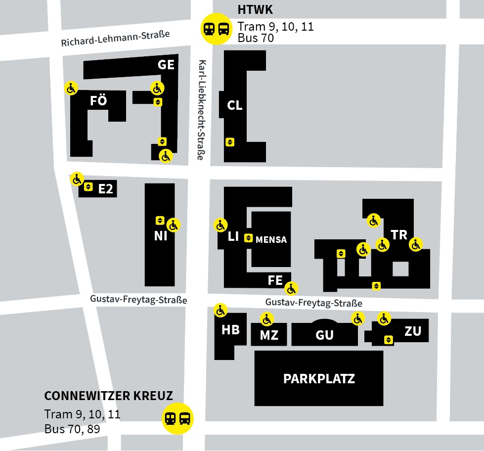 Grafischer Campusplan der HTWK Leipzig mit gelben Markierungen für barrierefreie Ein- und Ausgänge