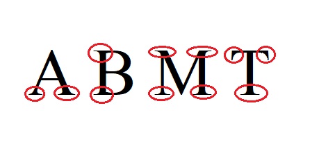 In der Abbildung stehen die Buchstaben A B M T in Versalien und fett nebeneinander. Die Serifen sind mit einem roten Kreis gekennzeichnet.