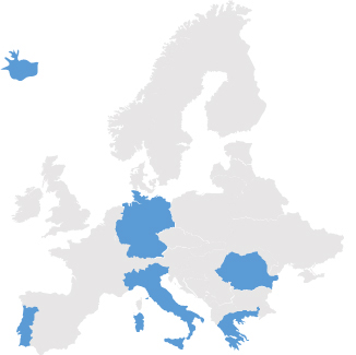 Die Karte zeigt Europa mit 6 blau hervorgehobenen Ländern